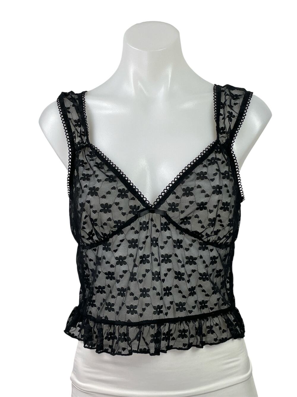 Victoria + Sophia Black Floral Lace Sleeveless Ruffle Sheer Crop Tank Top Size L